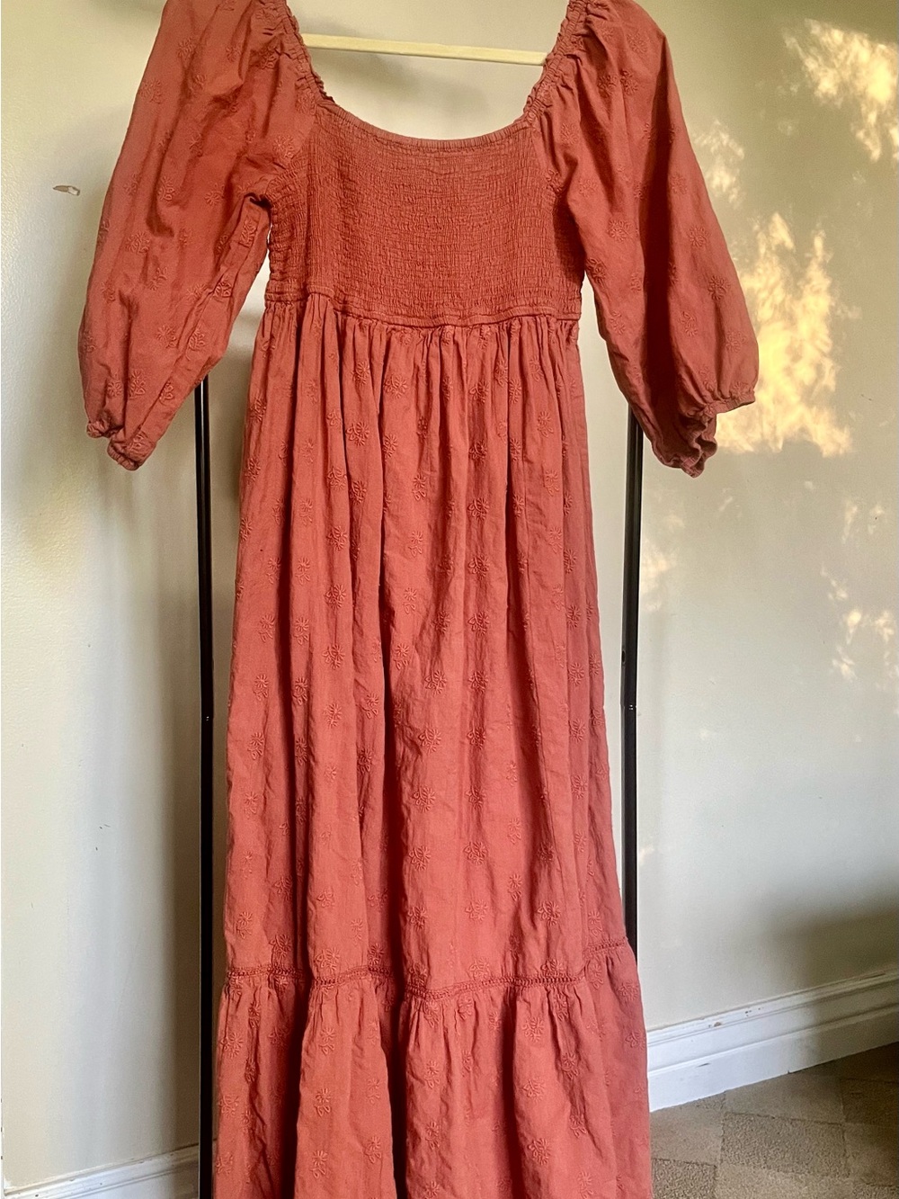 Rust Midi Dress with Smocked Bodice and Puff Sleeves